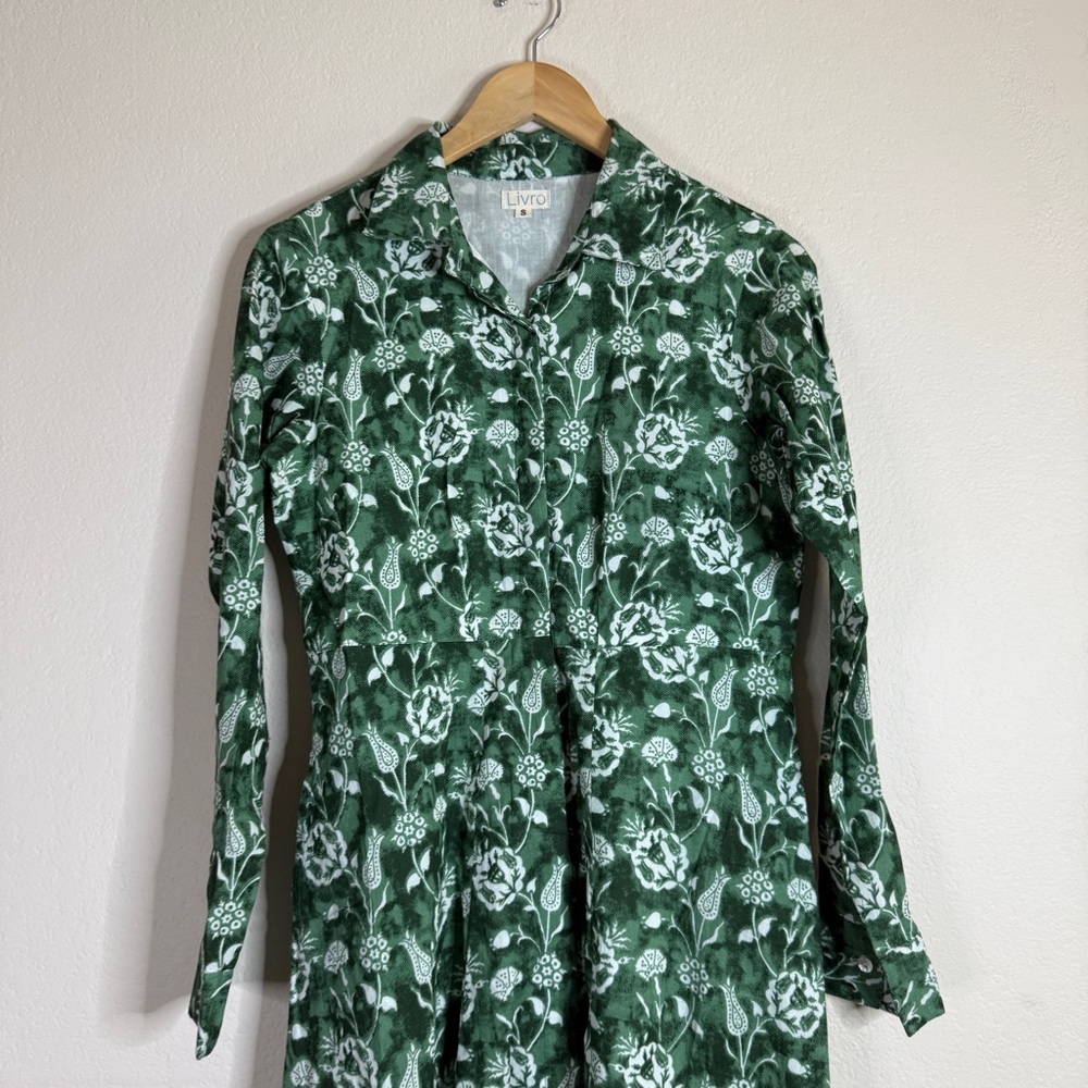 LIVRO green floral block print button front maxi shirt dress SMALL - Picture 2 of 8